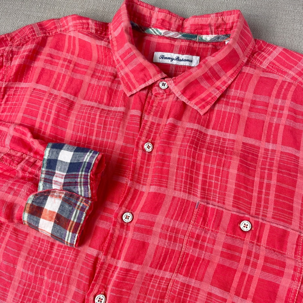 Tommy Bahama Button Down Shirt Mens XL Red Coral Plaid Textured Long Sleeve